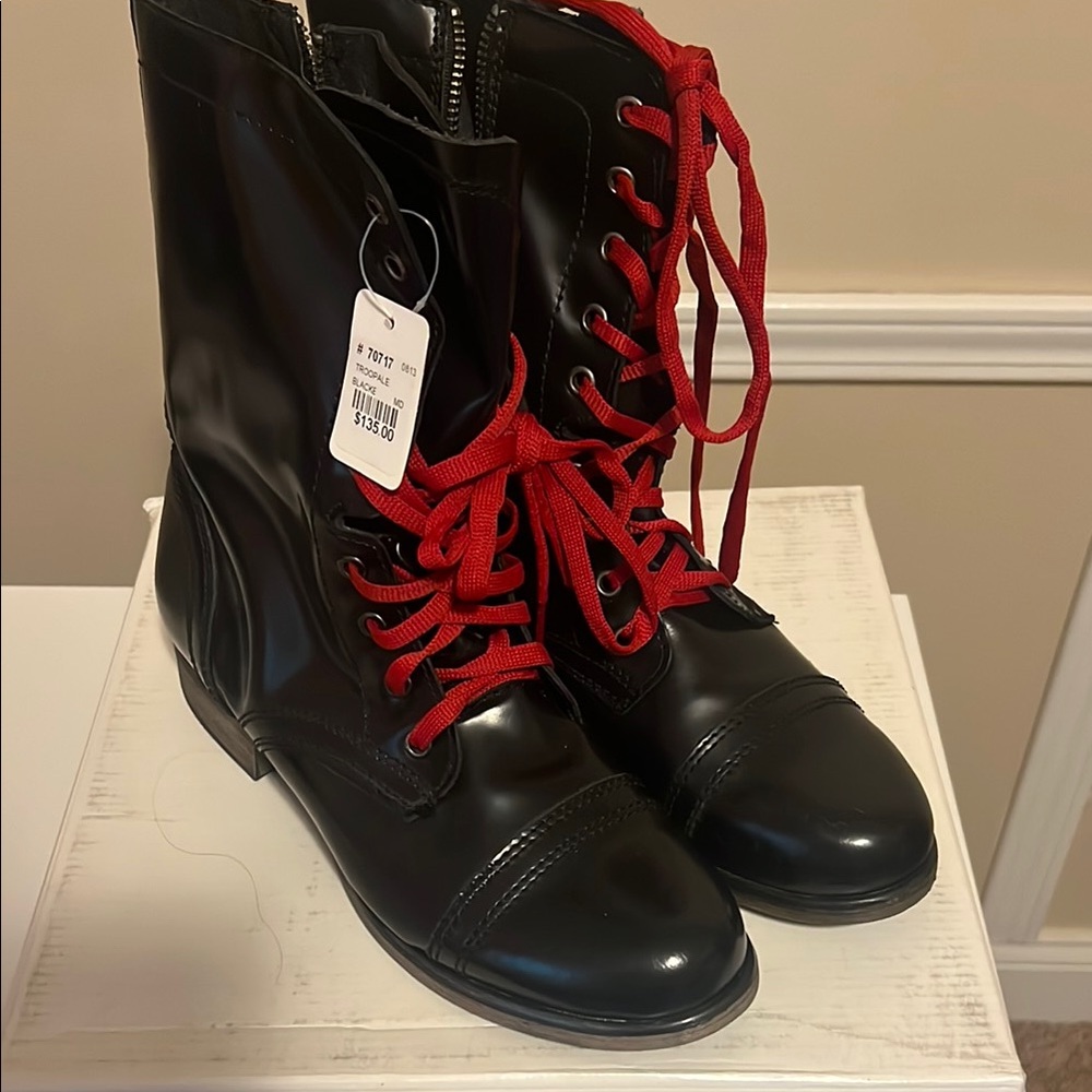 Stylish Black Combat Boots with Red Laces